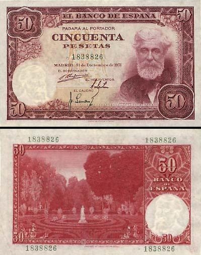 50 Ispanijos pesetos.