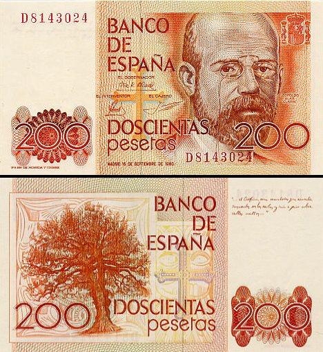 200 Ispanijos pesetų.