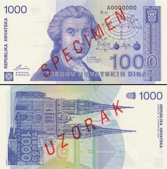 1000 Kroatijos dinarų.