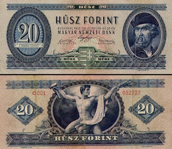 20 Vengrijos forintų.