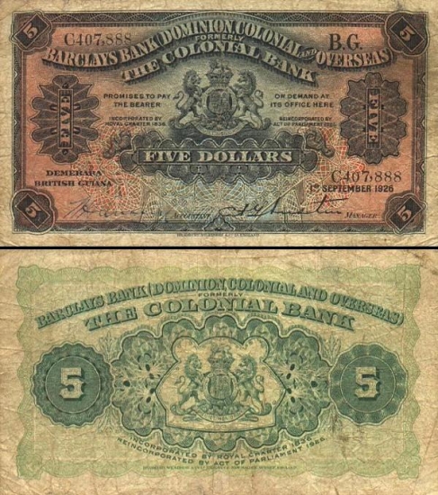 5 Britų Gvianos doleriai. 