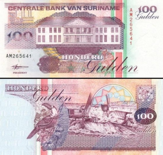 100 Surinamo guldenų.