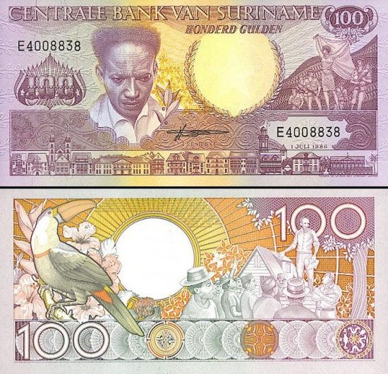 100 Surinamo guldenų.