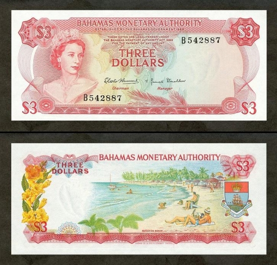 3 Bahamų doleriai. 
