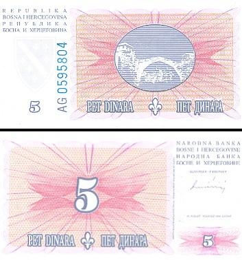 5 Bosnijos ir Hercegovinos dinarai.