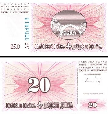 20 Bosnijos ir Hercegovinos dinarų.