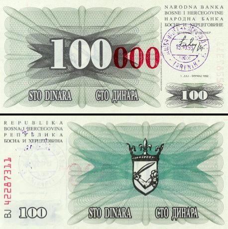 100000 Bosnijos ir Hercegovinos dinarų.