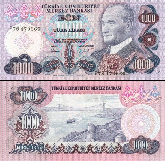 1000 Turkijos lirų.