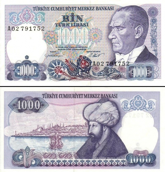 1000 Turkijos lirų.