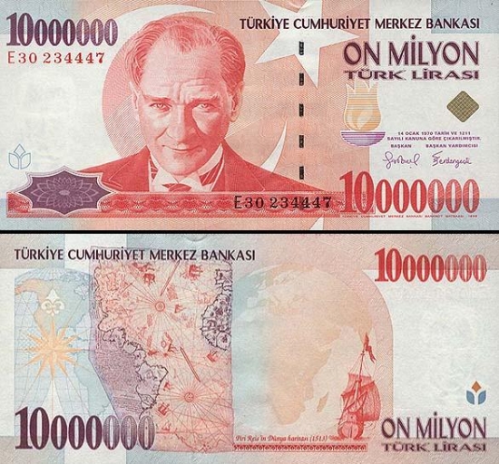 10000000 Turkijos lirų.