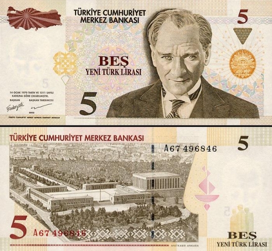 5 Turkijos naujosios liros.