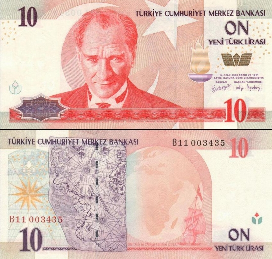 10 Turkijos naujųjų lirų.