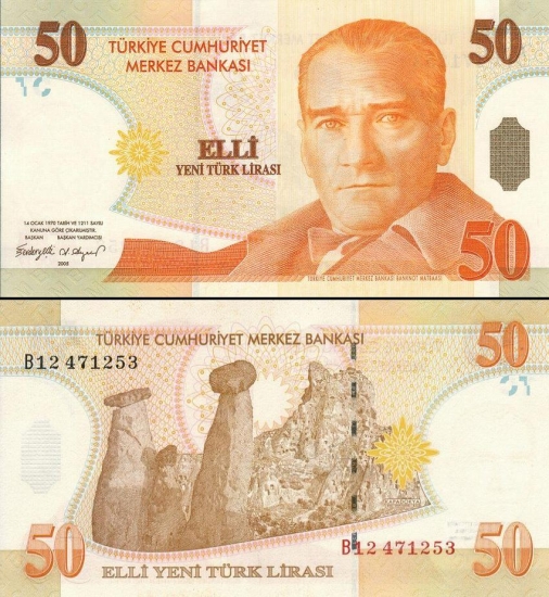 50 Turkijos naujųjų lirų.